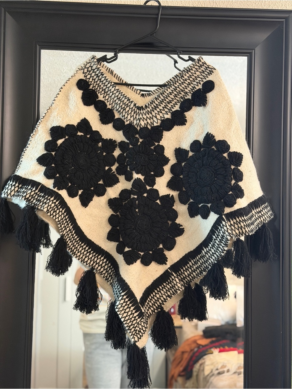 Handwoven Cream & Black Floral Embroidered Mexican Poncho with Tassels